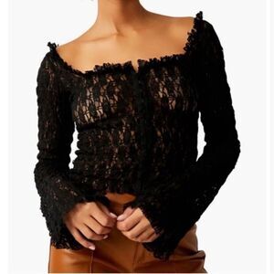 free people XS-S Madison Black Hook Eye Cropped Bell Sleeve Lace Top